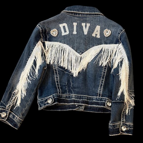 Custom One Of A Kind "Diva" Fringe and Rhinestone Jean Denim Jacket Kids Size L - Picture 1 of 6